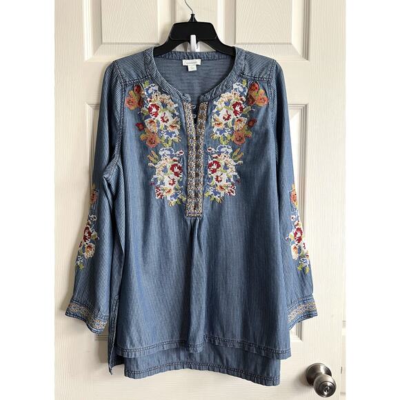 SUNDANCE Kenza Floral Cross Stitch Embroidered Chambray Striped Tunic Blouse L - Picture 8 of 12